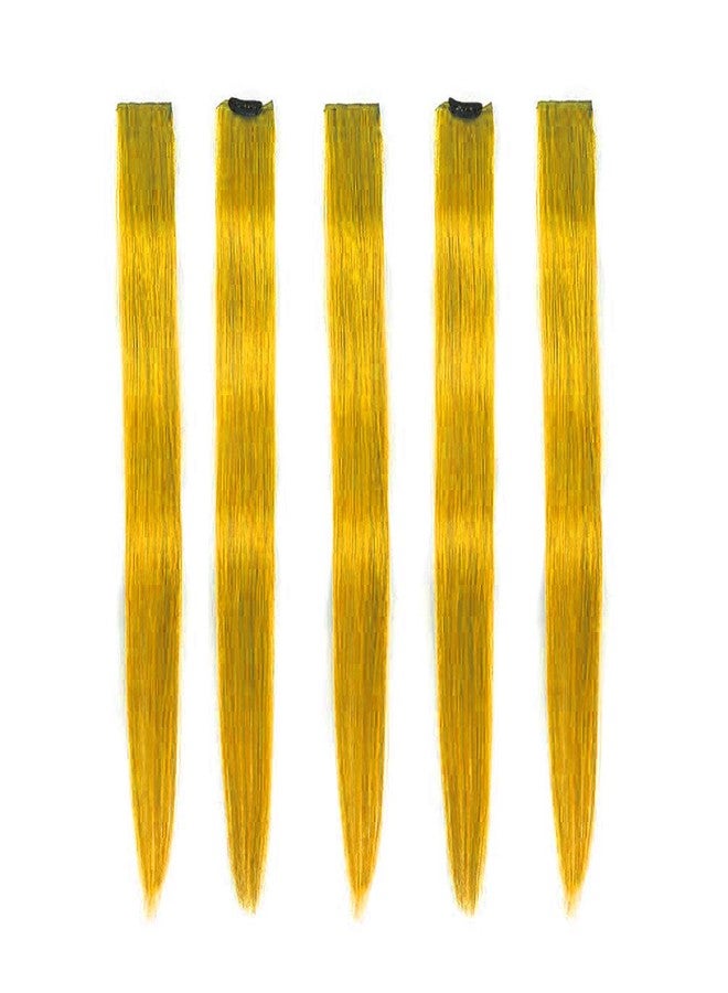 Winsky Colored Hair Extensions Real Human Hair - Clip in Party Highlights Halloween Hair Piece 5 Pieces/Set (18inch,Yellow) - Image 1